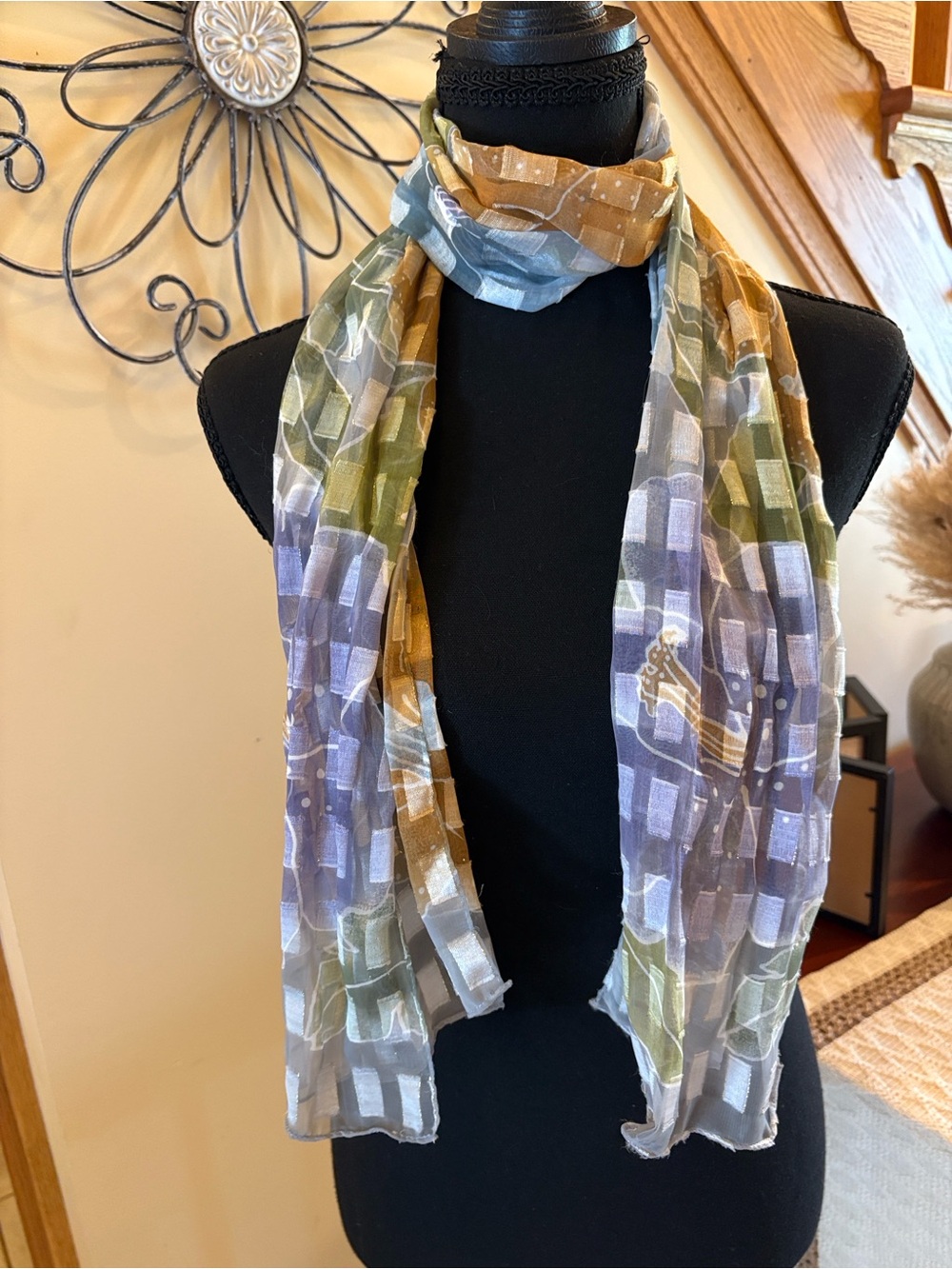 Geometric Lightweight Scarf in Olive, Gold & Lavender